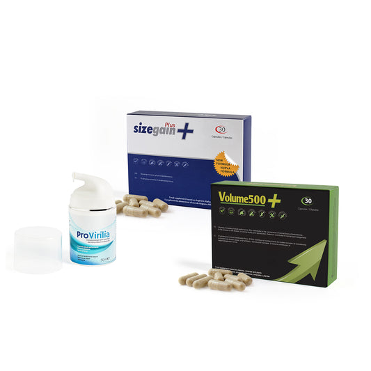 SizeGain Plus: Pastillas para alargar el pene + Volume500: Pastillas para aumentar la cantidad de esperma + Provirilia: Gel íntimo masculino efecto frío