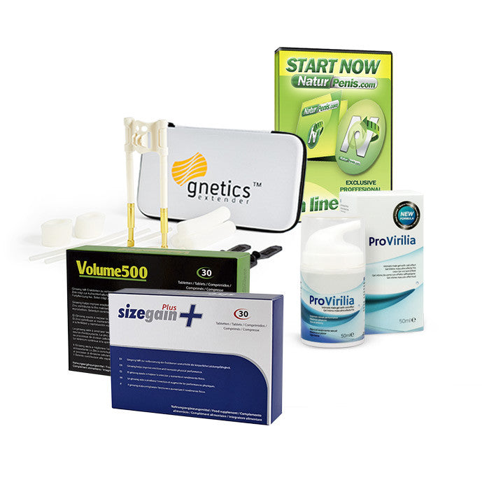 Gnetics Extender: Extensor de pene + SizeGain Plus: Pastillas para alargar el pene + Provirilia: Gel íntimo masculino efecto frío + Volume500: Pastillas para aumentar la cantidad de esperma