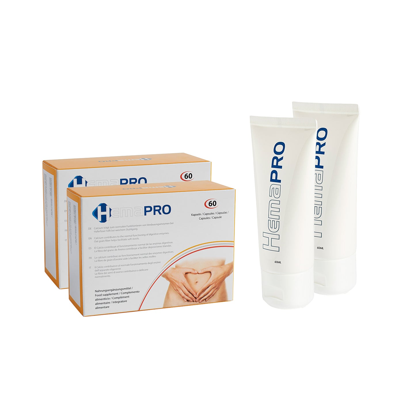Hemapro suplemento y Hemapro crema para el cuidado y alivio de las hemorroides.