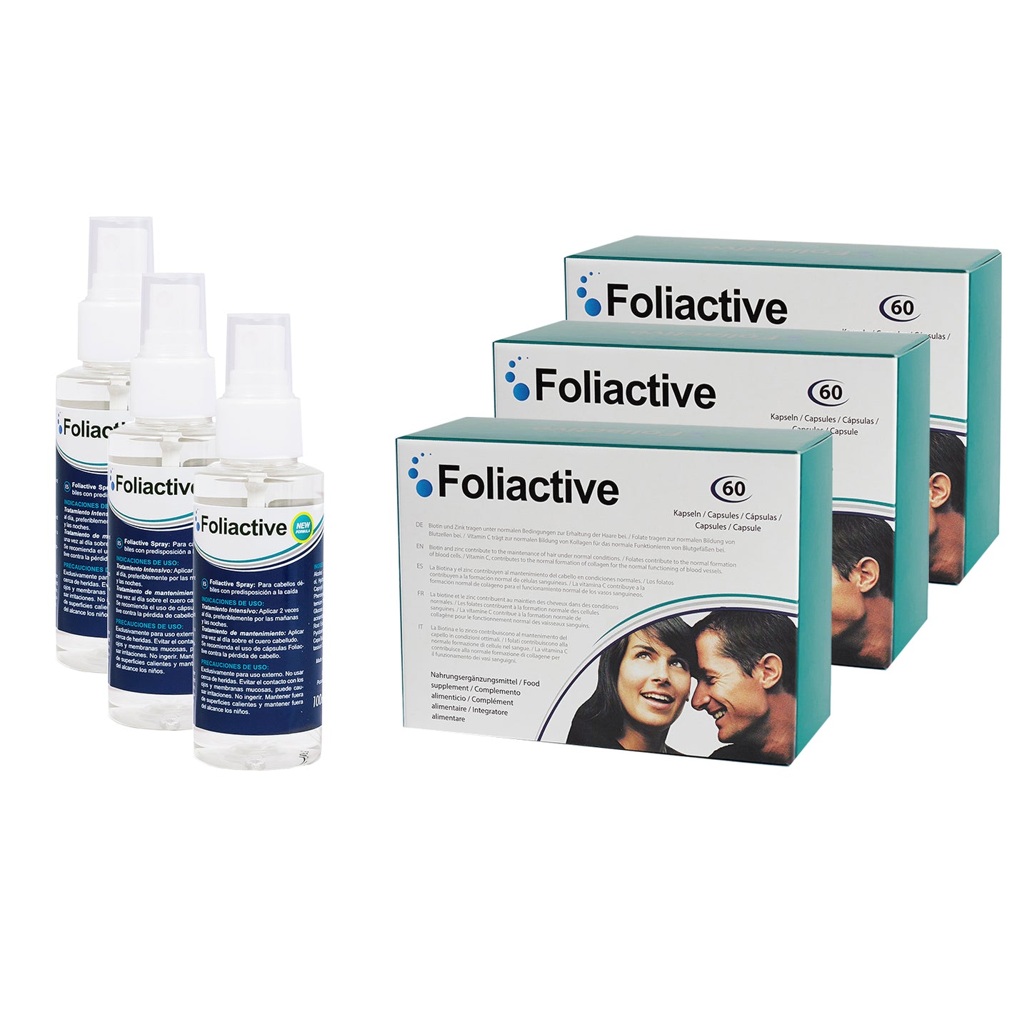 3 Foliactive capsulas y 3 Foliactive Spray para prevenir la caida del cabello