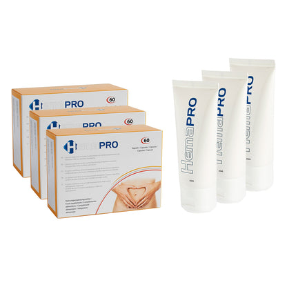 Hemapro suplemento y Hemapro crema para el cuidado y alivio de las hemorroides.
